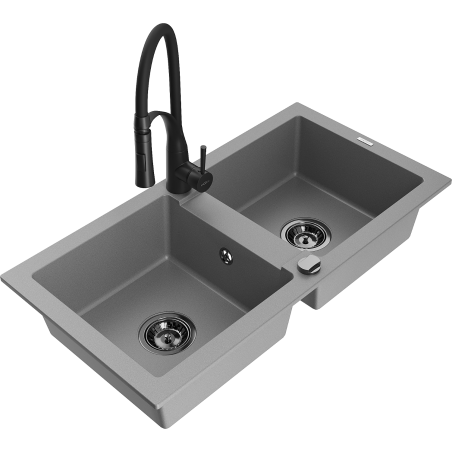 Mexen Mario lavello da cucina in granito a 2 vasche con rubinetto Aster, grigio - 6504-71-73450-70-B