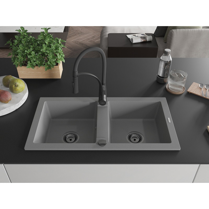 Mexen Mario évier en granit 2 bacs avec robinet de cuisine Aster, gris - 6504-71-73450-70-B
