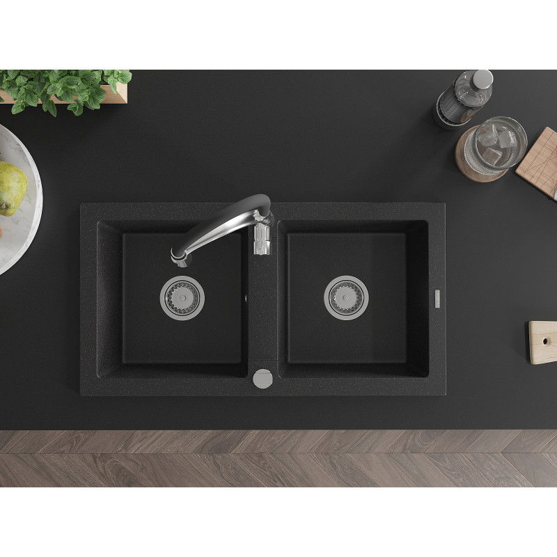 Mexen Mario fregadero de granito de 2 senos con grifo de cocina Aster, negro/plateado metálico - 6504-73-73450-07