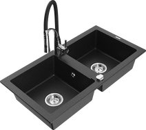 Mexen Mario Granitspüle 2-beckig mit Küchenarmatur Aster, schwarz/silber Metallic - 6504-73-73450-07