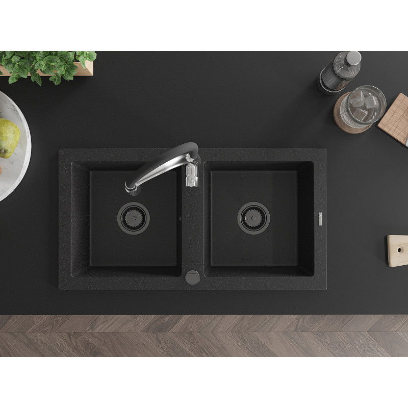 Mexen Mario granite sink 2-bowl with Aster kitchen tap, black/silver metallic - 6504-73-73450-07-B