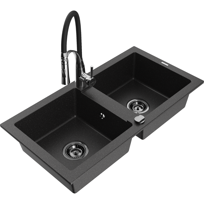 Mexen Mario lavello in granito a 2 vasche con rubinetto da cucina Aster, nero/argento metallico - 6504-73-73450-07-B