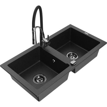 Mexen Mario granite double-bowl sink with Aster kitchen faucet, black/silver metallic - 6504-73-73450-07-B