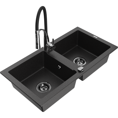 Mexen Mario granitenspoelbak met 2 kamers met keukenmengkraan Aster, zwart/zilver metallic - 6504-73-73450-07-B
