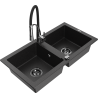 Mexen Mario granite double-bowl sink with Aster kitchen faucet, black/silver metallic - 6504-73-73450-07-B