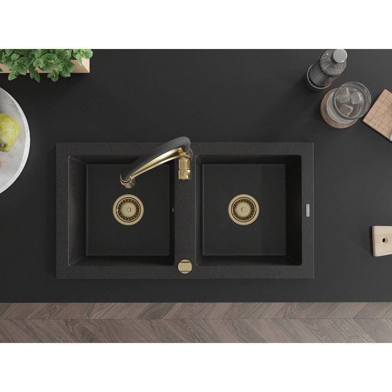 Mexen Mario lavello in granito a 2 vasche con rubinetto da cucina Aster, nero/argento metallizzato - 6504-73-73450-57-G