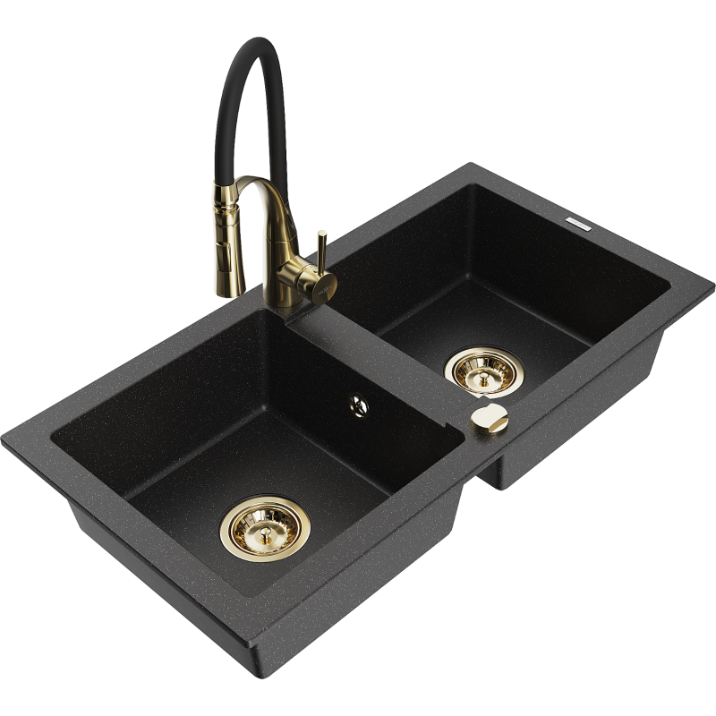 Mexen Mario fregadero de granito de 2 compartimentos con grifo de cocina Aster, negro/plata metalizado - 6504-73-73450-57-G