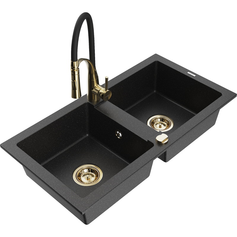 Mexen Mario fregadero de granito de 2 cubetas con grifo de cocina Aster, negro/plata metálico - 6504-73-73450-57-G