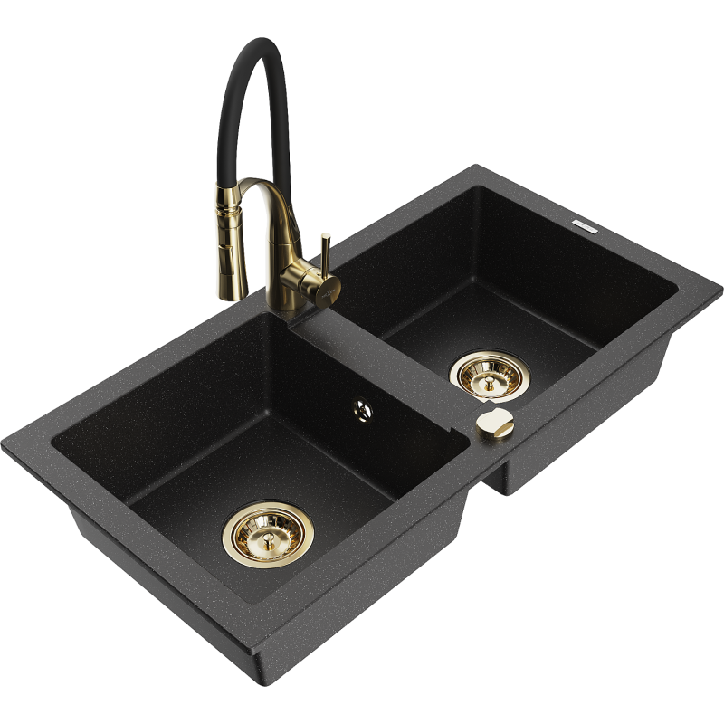 Mexen Mario granitdiskho dubbel med köksblandare Aster, svart/silver metallic - 6504-73-73450-57-G