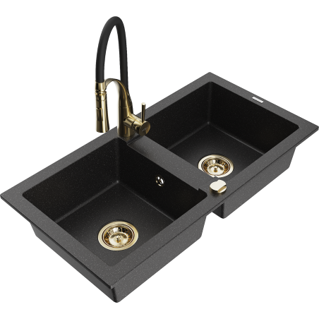 Mexen Mario granit spoelbak met 2 kamers en keukenmengkraan Aster, zwart/zilver metallic - 6504-73-73450-57-G