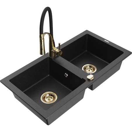 Mexen Mario Granite Kitchen Sink 2-Bowl with Aster Kitchen Tap, Black/Silver Metallic - 6504-73-73450-57-G