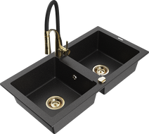 Mexen Mario Granite Kitchen Sink 2-Bowl with Aster Kitchen Tap, Black/Silver Metallic - 6504-73-73450-57-G