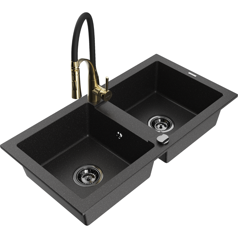 Mexen Mario fregadero de granito de 2 cámaras con grifo de cocina Aster, negro/metálico plateado - 6504-73-73450-57-B