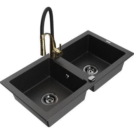 Mexen Mario fregadero de granito de 2 cámaras con grifo de cocina Aster, negro/metálico plateado - 6504-73-73450-57-B