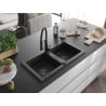 Mexen Mario Granitspüle mit 2 Becken und Küchenarmatur Aster, schwarz/silber metallic - 6504-73-73450-70-B