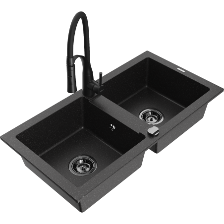 Mexen Mario Granitspüle mit 2 Becken und Küchenarmatur Aster, schwarz/silber metallic - 6504-73-73450-70-B