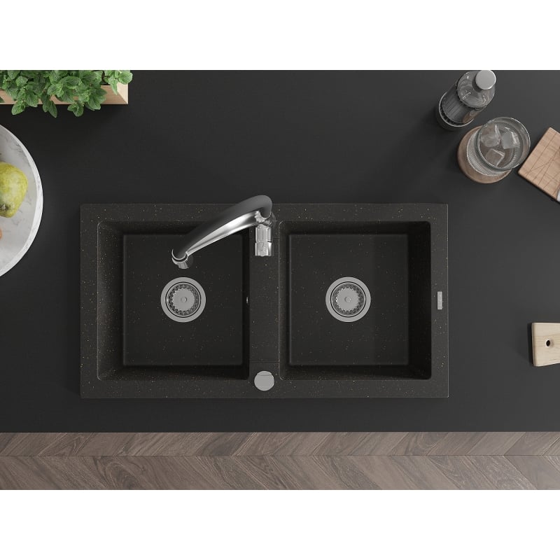 Mexen Mario granite sink 2-bowl with kitchen faucet Aster, black/gold metallic - 6504-75-73450-07