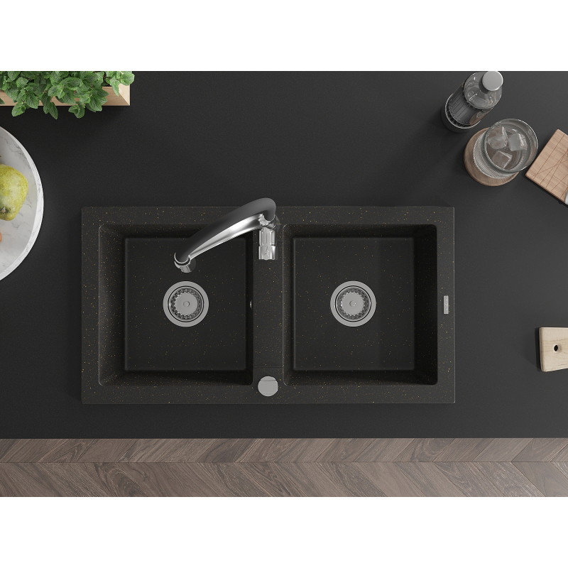 Mexen Mario granitspüle 2-becken mit küchenarmatur Aster, schwarz/gold metallic - 6504-75-73450-07