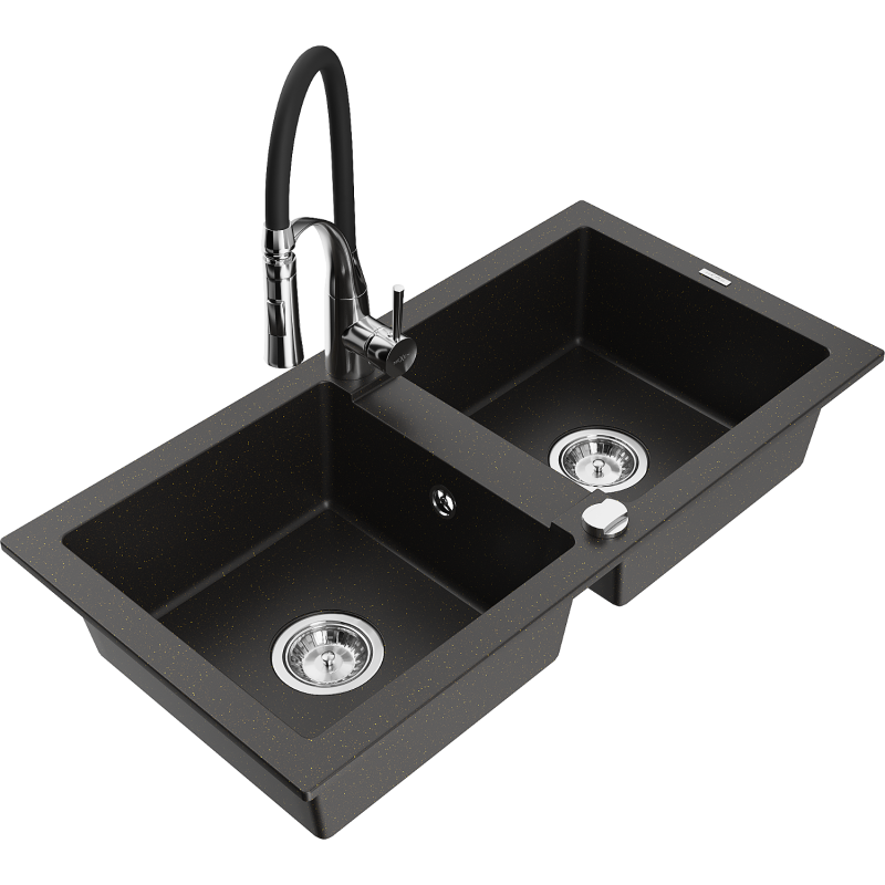 Mexen Mario fregadero de granito de 2 compartimentos con grifo de cocina Aster, negro/dorado metálico - 6504-75-73450-07