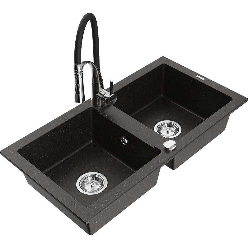 Mexen Mario granite sink double bowl with Aster kitchen tap, black/gold metallic - 6504-75-73450-07