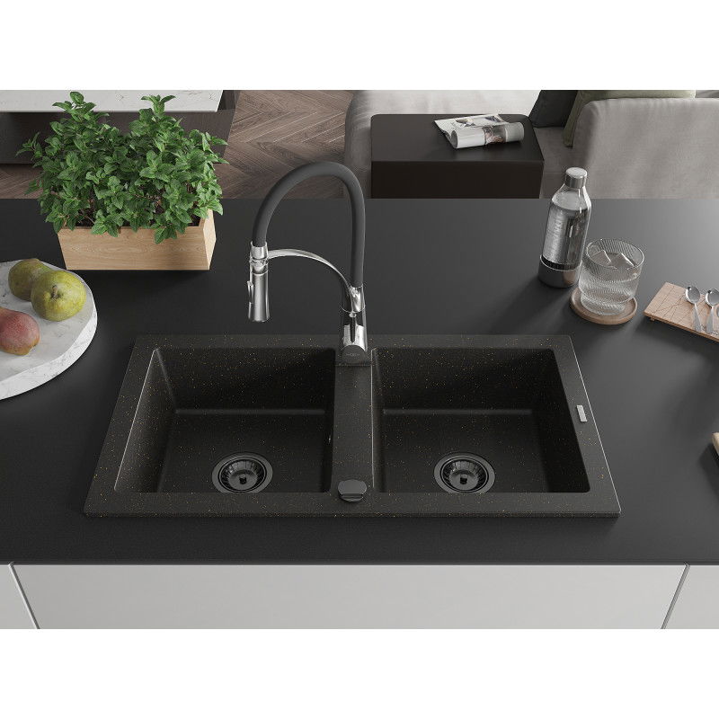 Mexen Mario double granite sink with Aster kitchen tap, black/gold metallic - 6504-75-73450-07-B