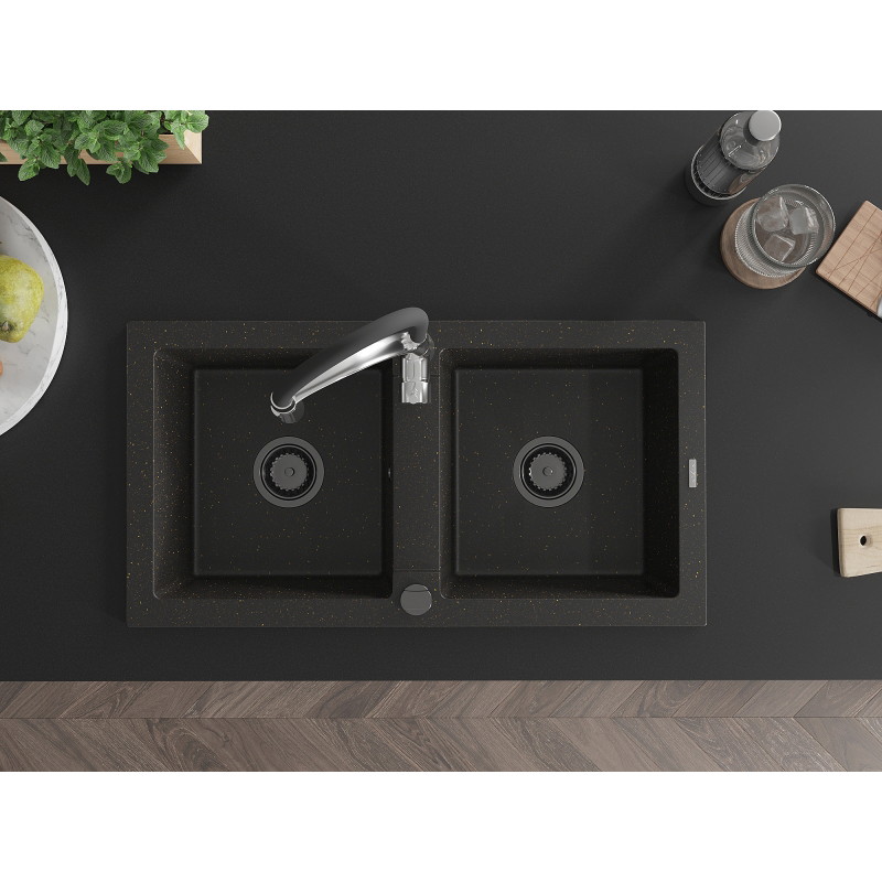 Mexen Mario fregadero de granito de 2 compartimentos con grifo de cocina Aster, negro/oro metálico - 6504-75-73450-07-B