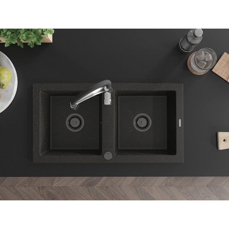 Mexen Mario lava-louças de granito de 2 cubas com torneira de cozinha Aster, preto/dourado metálico - 6504-75-73450-07-B
