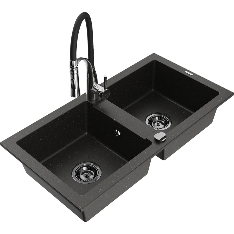 Mexen Mario fregadero de granito de 2 compartimentos con grifo de cocina Aster, negro/oro metálico - 6504-75-73450-07-B