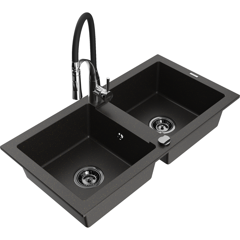 Mexen Mario lava-louças de granito de 2 cubas com torneira de cozinha Aster, preto/dourado metálico - 6504-75-73450-07-B