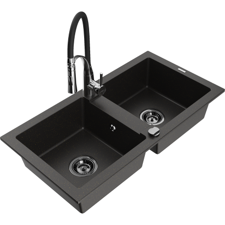 Mexen Mario fregadero de granito de 2 compartimentos con grifo de cocina Aster, negro/oro metálico - 6504-75-73450-07-B