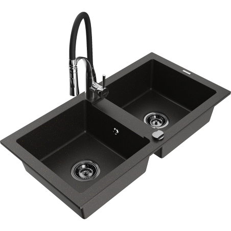 Mexen Mario Granitspüle 2-Kammer mit Küchenarmatur Aster, schwarz/gold metallic - 6504-75-73450-07-B