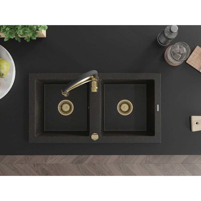 Mexen Mario Granitspüle mit 2 Becken und Küchenarmatur Aster, schwarz/gold-metallisch - 6504-75-73450-57-G