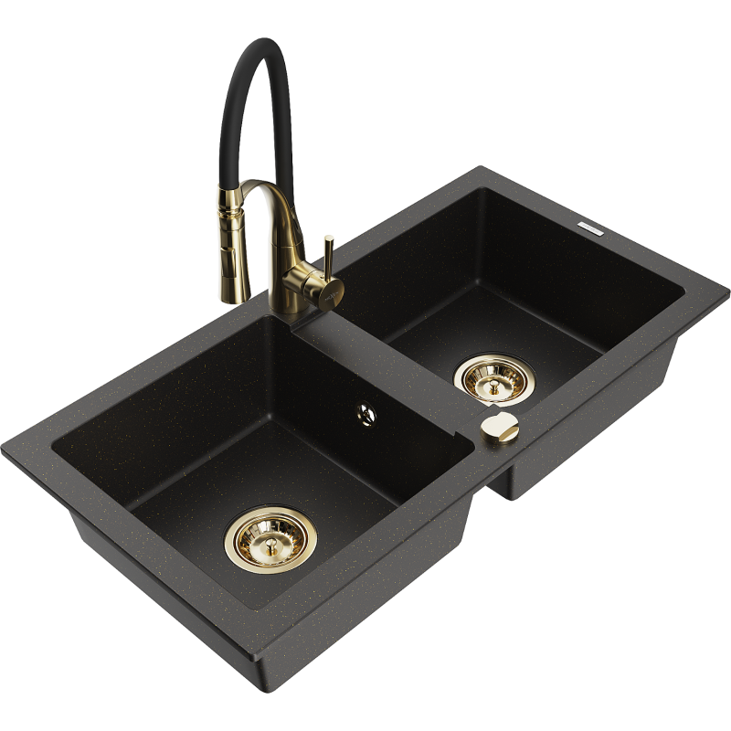 Mexen Mario granitdiskbänk med 2 fack och kökskran Aster, svart/guld metallic - 6504-75-73450-57-G