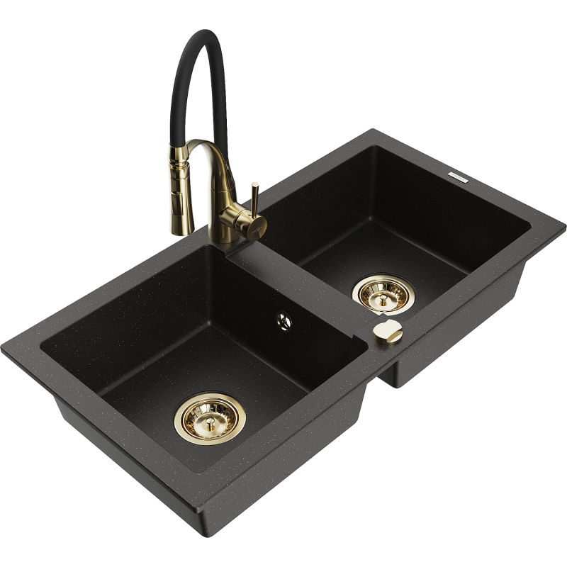 Mexen Mario lavello da cucina in granito a 2 vasche con rubinetto da cucina Aster, nero/oro metallico - 6504-75-73450-57-G