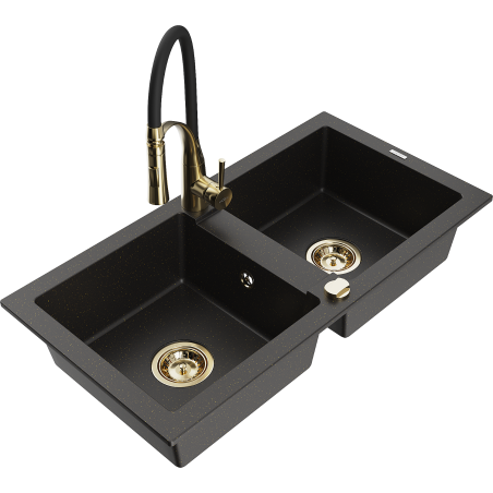 Mexen Mario granite sink 2-bowl with Aster kitchen tap, black/golden metallic - 6504-75-73450-57-G