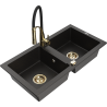 Mexen Mario fregadero de granito de 2 senos con grifo de cocina Aster, negro/metal dorado - 6504-75-73450-57-G