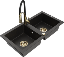 Mexen Mario granite double-bowl kitchen sink with Aster faucet, black/gold metallic - 6504-75-73450-57-G
