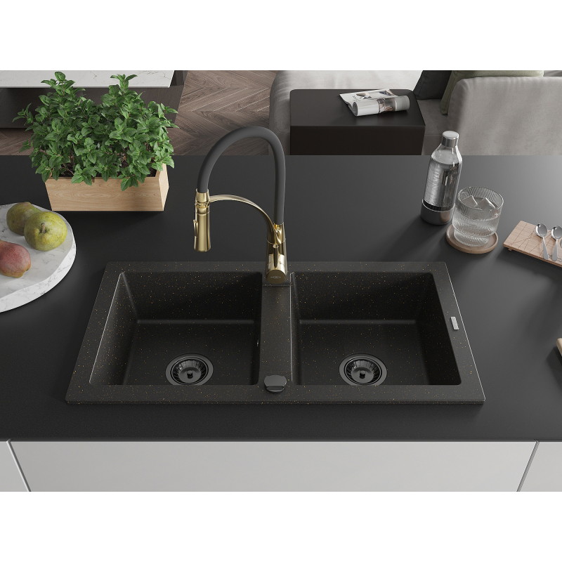 Mexen Mario fregadero de granito de 2 senos con grifo de cocina Aster, negro/oro metálico - 6504-75-73450-57-B
