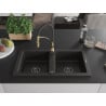 Mexen Mario granite sink 2-bowl with Aster kitchen tap, black/gold metallic - 6504-75-73450-57-B