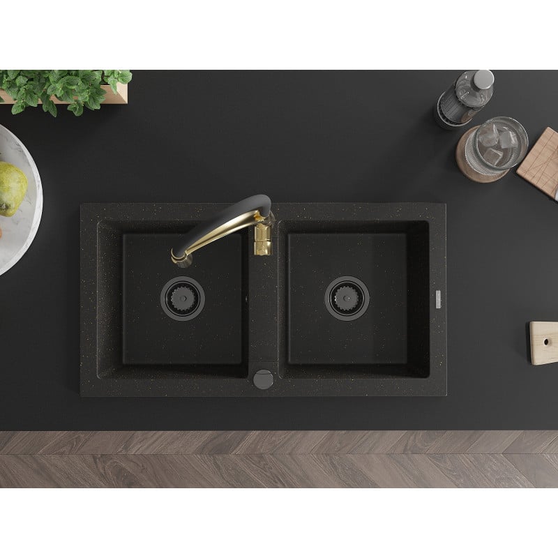 Mexen Mario fregadero de granito de 2 cubetas con grifo de cocina Aster, negro/metálico dorado - 6504-75-73450-57-B