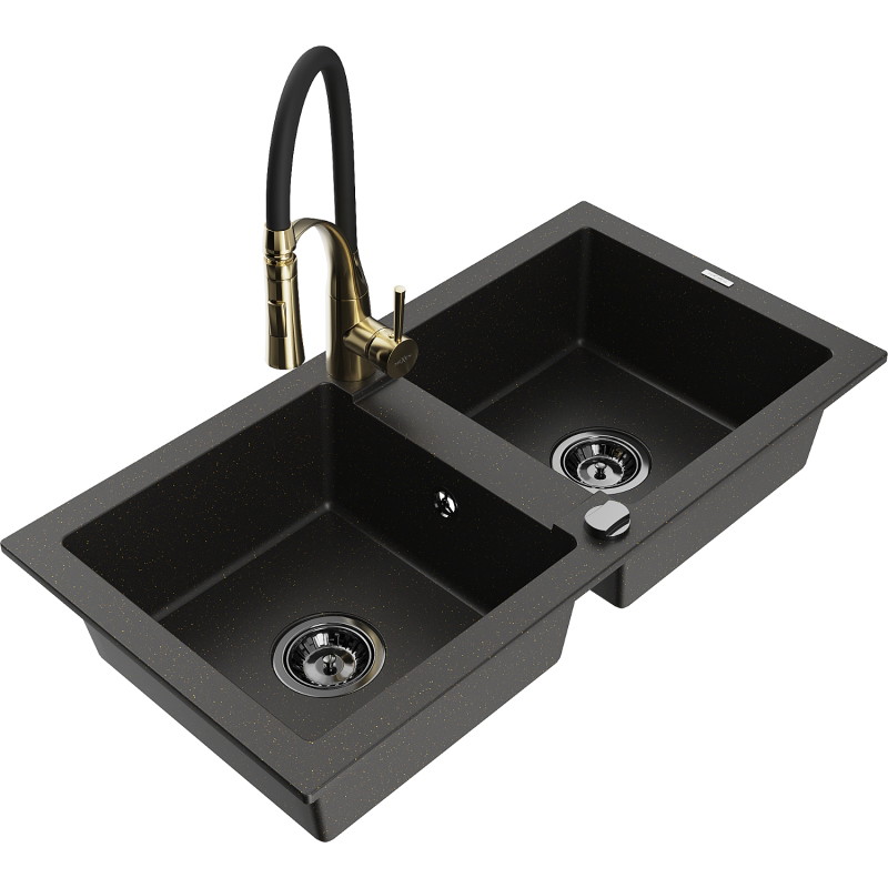 Mexen Mario 2-komorige granieten spoelbak met Aster keukenkraan, zwart/goud metallic - 6504-75-73450-57-B