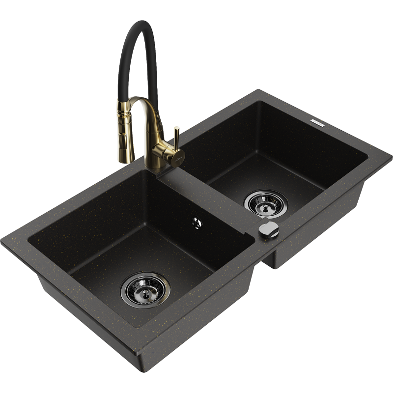 Mexen Mario lava-loiça de granito de 2 compartimentos com torneira de cozinha Aster, preto/ouro metálico - 6504-75-73450-57-B