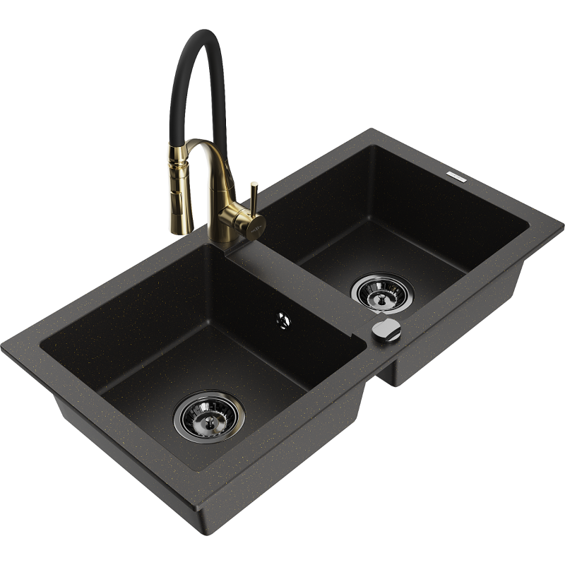Mexen Mario lavello in granito a 2 vasche con miscelatore da cucina Aster, nero/oro metallizzato - 6504-75-73450-57-B