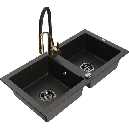 Mexen Mario granite sink 2-bowl with Aster kitchen tap, black/gold metallic - 6504-75-73450-57-B