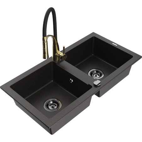 Mexen Mario granitspüle 2-becken mit Küchenarmatur Aster, schwarz/gold metallic - 6504-75-73450-57-B