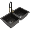 Mexen Mario granieten gootsteen met 2 kamers en Aster keukenmengkraan, zwart/goud metallic - 6504-75-73450-57-B