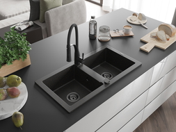 Mexen Mario granite sink 2-chamber with Aster kitchen tap, black/gold metallic - 6504-75-73450-70-B