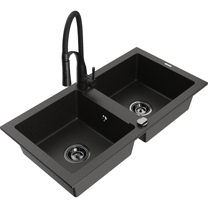 Mexen Mario Granitspüle 2-Kammern mit Küchenarmatur Aster, schwarz/gold metallic - 6504-75-73450-70-B