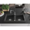Mexen Mario granite sink 2-bowl with Aster kitchen tap, speckled black - 6504-76-73450-07