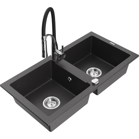 Mexen Mario fregadero de granito de 2 compartimentos con grifo de cocina Aster, negro moteado - 6504-76-73450-07